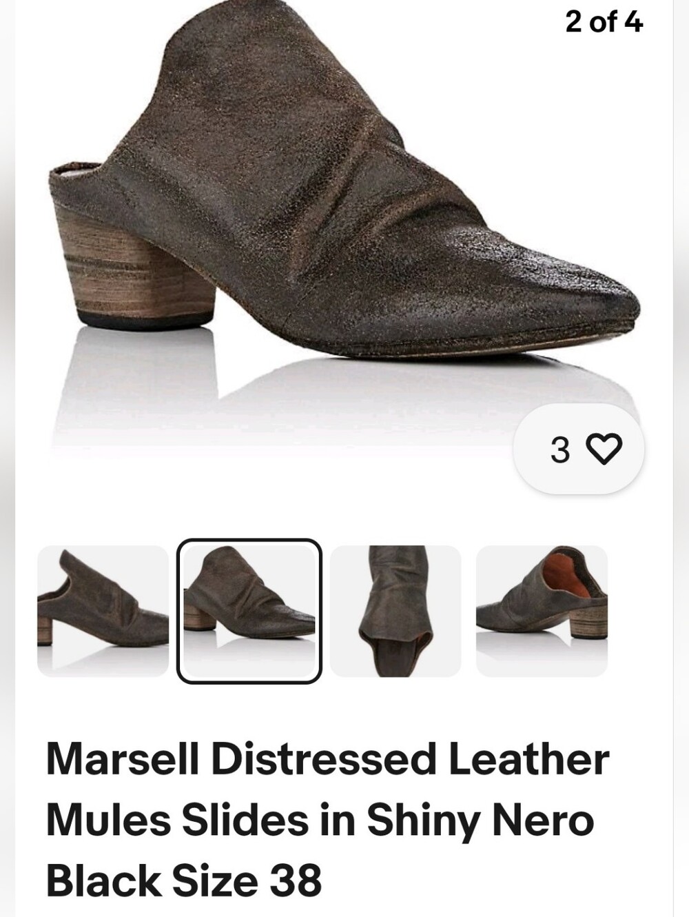 Marsell Distressed Leather Mules Slides in Shiny Nero Black Size 38